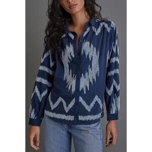 Pilcro Anthropologie Blue Western Chenille Button Down Blouse Cotton Blend XS